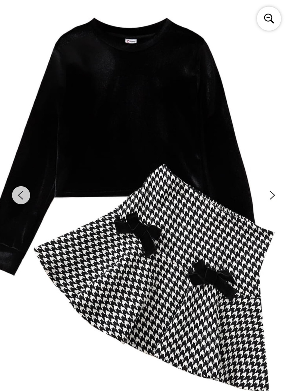 PatPat Black Velvet Top with Black & White Houndstooth Skirt